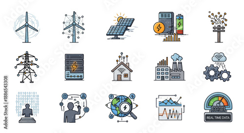 Modern Technology Renewable Energy and Data Science Vector Icon Set.