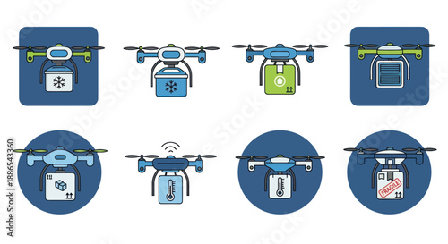 Drone Delivery Icons Set with Packages and Boxes.