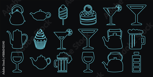Collection of Neon Blue Teapots, Drinks, and Desserts on Black Background