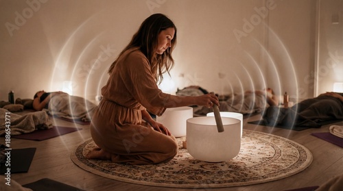 Sound Bath: A yoga teacher playing crystal singing bowls, vibration ripples, spiritual wellness.

