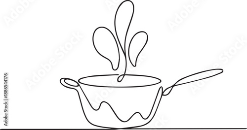 A continuous line drawing of a saucepan with liquid splashing, viewed from the side on a simple background