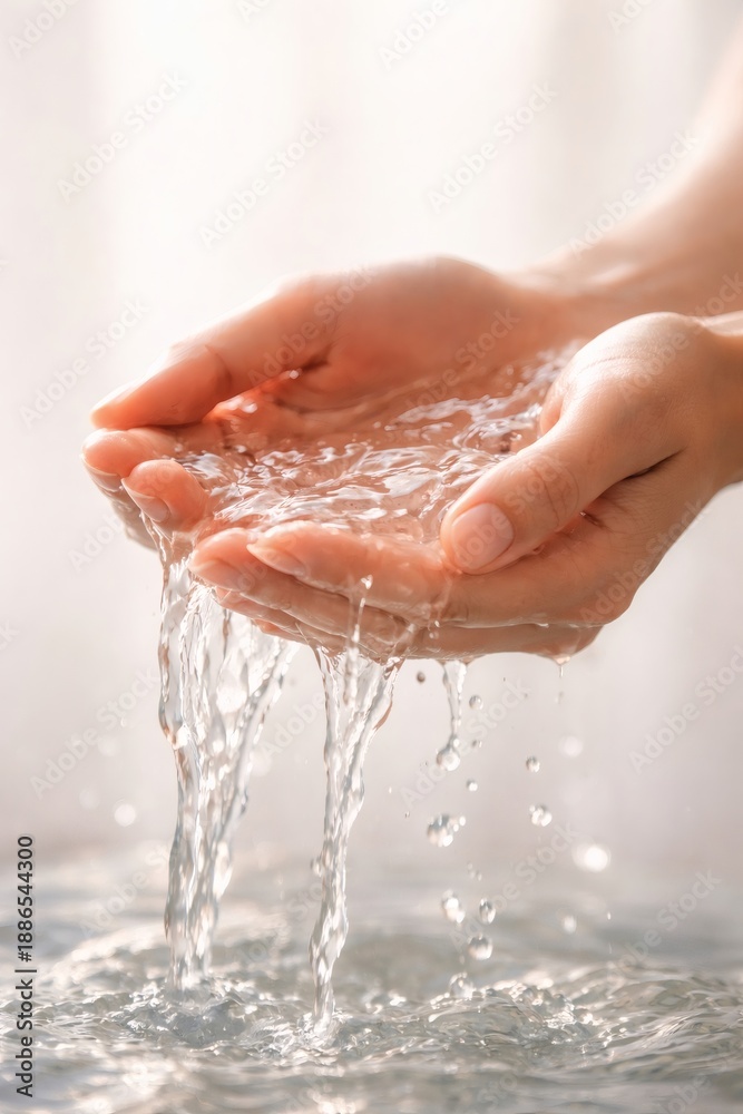 Fototapeta premium Human hands holding clear flowing water over a calm surface, symbolizing cleanliness, purity, and natural hydration.