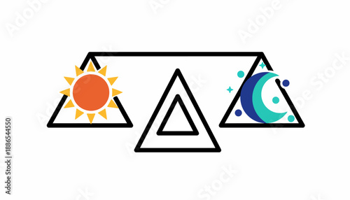 Stylized balance scale with sun and moon representing day and night equilibrium and cosmic harmony.