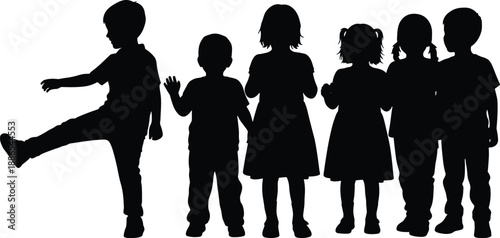 Black silhouettes of a diverse group of children standing together, happy boys and girls playing isolated on white background for childhood.