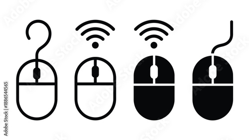 Computer mouse showing wired wireless and question mark variations technology
