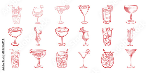 Hand-Drawn Collection of Assorted Cocktails and Drinks in Red Style