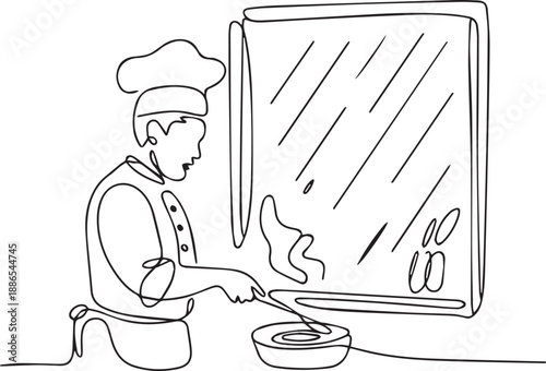 Chef cooking with a ladle in a kitchen viewed from the side