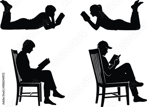 Black silhouettes of people reading books while lying down and sitting on chairs, students studying isolated on white background,