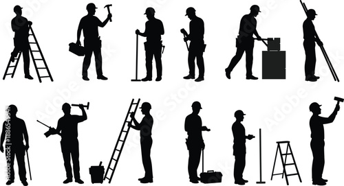 Construction worker silhouettes performing diverse tasks, climbing ladders, using hammers and measuring rods, painting, carrying toolboxes, collaborative building site teamwork