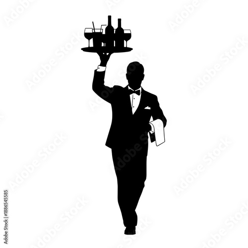 Waiter carrying drinks on a tray in a formal black tuxedo  