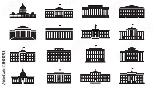 Collection of government buildings silhouetted against a white background viewed from the front
