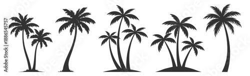 Tropical palm tree silhouette set, beach summer nature vector illustration, coconut island paradise vacation travel resort on transparent background