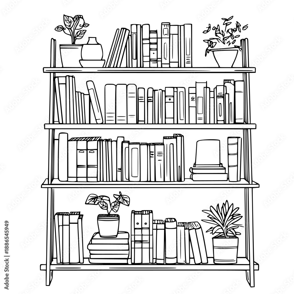 Obraz premium Midcentury Modern Library Shelf | Clean, isolated vector art for creative projects.
