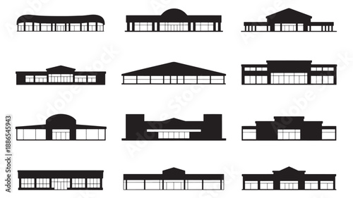 Collection of modern building silhouettes with varied architectural styles and designs on a plain white background