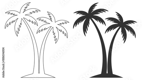 Palm tree silhouettes, tropical beach summer nature vector illustration set, coconut tropics coastal landscape outdoor greenery foliage on transparent background