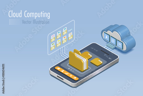 Cloud computing data storage networking. Digital folders and files on smartphone with secure connecting. Vector.	