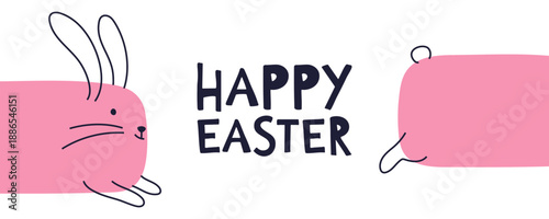Funny Long Pink Bunny Happy Easter Banner minimalist