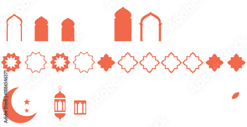 Islamic decorative element set with arches crescent moon lanterns and geometric border ornaments in minimal flat style