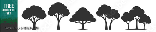 Tree silhouette set, maple birch elm poplar willow woodland vector illustration, forest nature landscape, black isolated design printable poster on transparent background