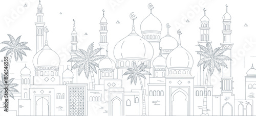 Islamic mosque cityscape line illustration with domes minarets palm trees and traditional Middle Eastern architectural skyline