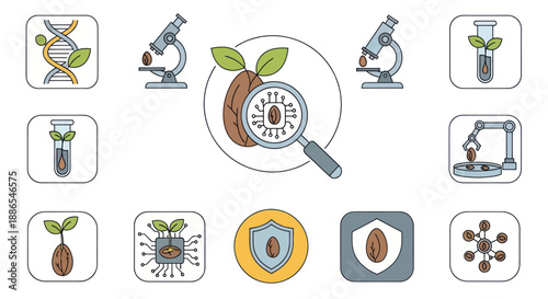 Genetic Engineering and Plant Biotechnology Science Icons Set.