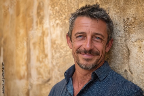 Relaxed head-and-shoulders portrait of a mature man with stubble by a wall