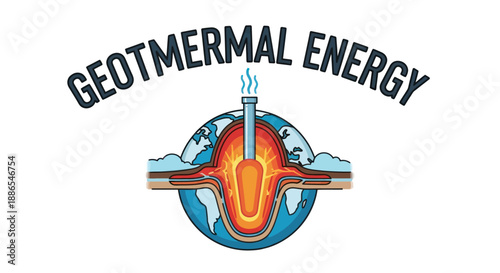Geothermal Energy Illustration: Earths Heat Source with Steam.