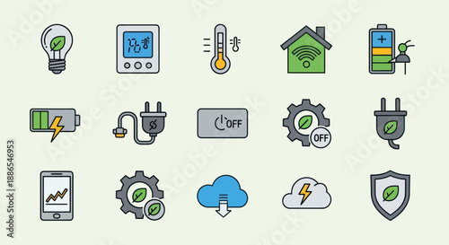 Doodle Style Smart Home Eco-Friendly and Energy Efficiency Icons.