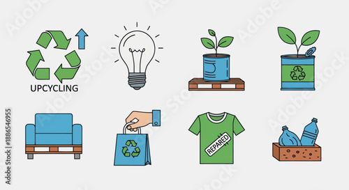 Upcycling and Recycling Icons: Sustainable Living and Creative Reuse Concepts.