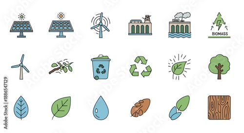Hand-drawn Ecology and Renewable Energy Icons Set with Sustainability Symbols.
