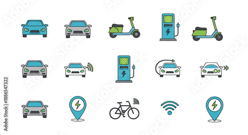 Colorful line art icon set for electric vehicles scooters and charging stations.