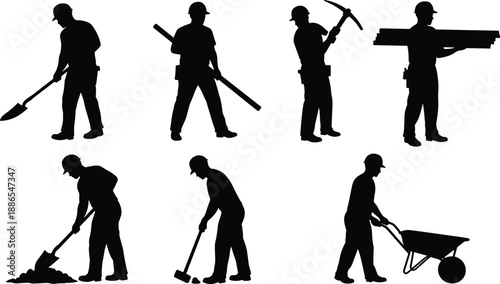 Construction worker silhouettes set, hardhat labor icons showing shoveling, pickaxe, sledgehammer, wheelbarrow, carrying planks, pipe handling, manual building tasks