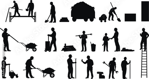 Construction worker silhouettes, manual labor icons, scaffolding and ladder scenes, wheelbarrow and dump truck vector, bricklaying, tool use, site safety poses
