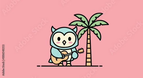 Cartoon owl playing ukulele by palm tree