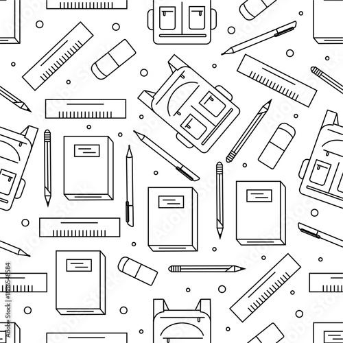 Education doodle pattern. Education themed doodle design. Seamless school supplies pattern background. Back to school doodle concept. Set of attribute school icons collection.