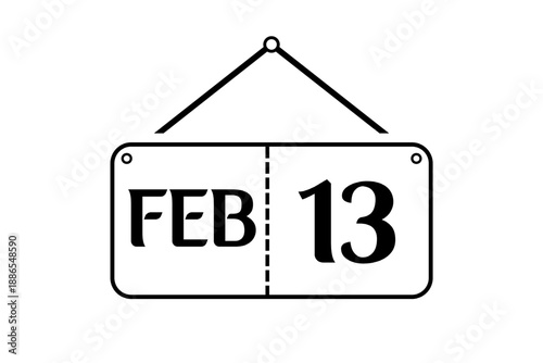 13 February calendar single day, week vector, illustration icon. white, black, and white color background calendar page vector for of the month January 13