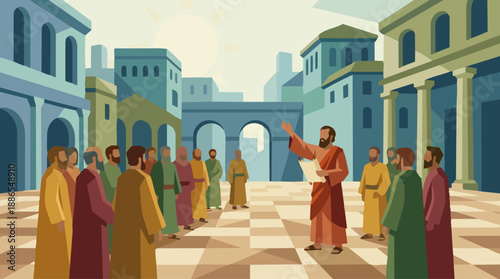 Paul speaking in a stylized city plaza with simplified buildings, columns, and arches formed from flat geometric shapes. People gather around in varied solid colours, no gradients. Paul holds a scroll