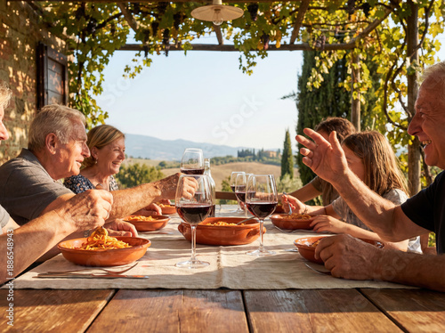 Big italian family having lunch in garden summer outdoor dining lifestyle people sharing food pasta wine happiness tradition background copy space tuscan terrace