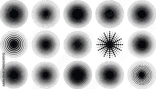 Collection of fifteen black and white circular graphic design elements featuring halftone dots and concentric patterns