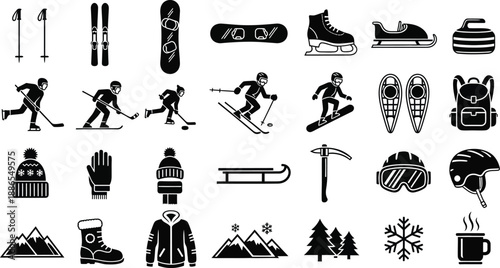 Collection of essential black and white icons representing various winter sports equipment clothing gear and outdoor activities for seasonal design projects