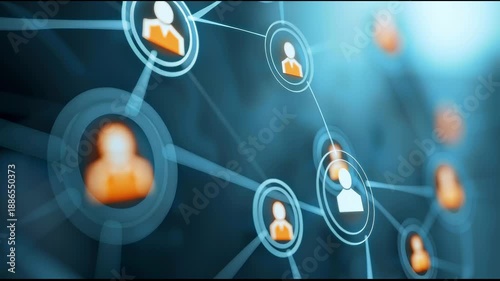 Abstract luminous network of interconnected orange glowing light particles illuminating dark space with digital energy flow.