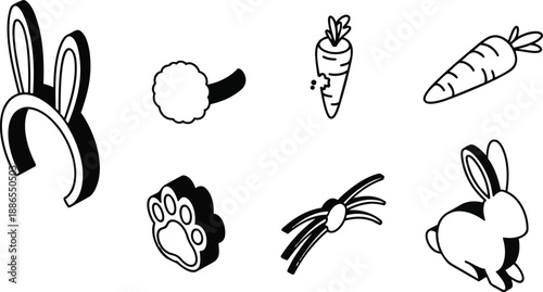 Isometric vector icon set bunny ears headband fluffy tail paw print carrot ribbon bow rabbit silhouette front angle clean line art minimalist flat black playful easter