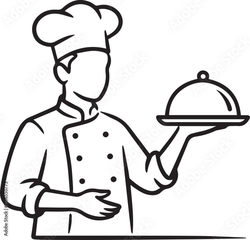 Chef holding a covered serving dish with a welcoming gesture in a simple illustration