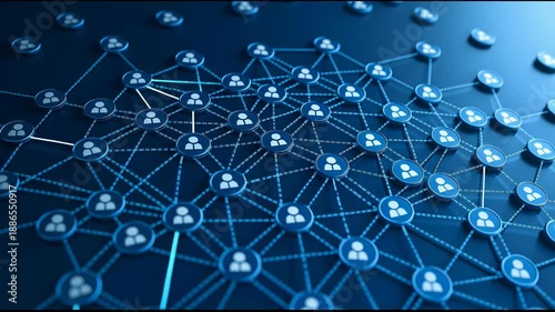 Dynamic blue network interconnection with luminous white dots on sleek black background representing digital data flow and global connectivity.