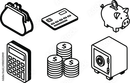 Isometric line art close up set of wallet credit card piggy bank calculator coin stacks and safe icons in minimalist outline style monochrome stroke vector graphic