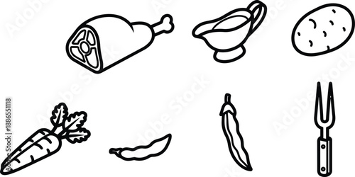 Minimalist line art top view food icons set ham gravy potato carrot chili pea fork serving utensil kitchen black outline hand drawn simple scalable editable vector