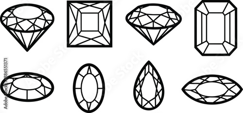 Line art gem icon set showing eight different diamond cuts top view and side view close up minimal black outline vector icons for jewelry design mockups