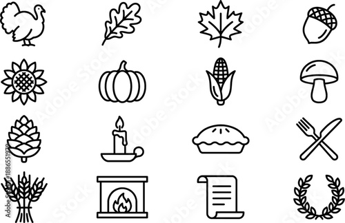 Thanksgiving and Autumn Harvest Line Art Icon Set.