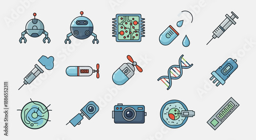Science and Technology Icons: Robots DNA Camera Syringe and More.