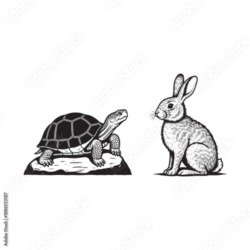 Tortoise and rabbit standing together in black and white illustration